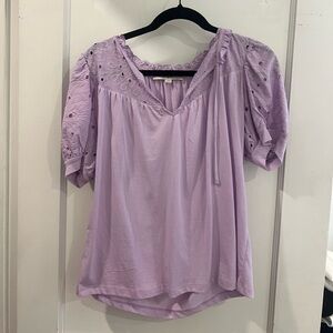 Loft Lilac Embroidered Puff Sleeve Top